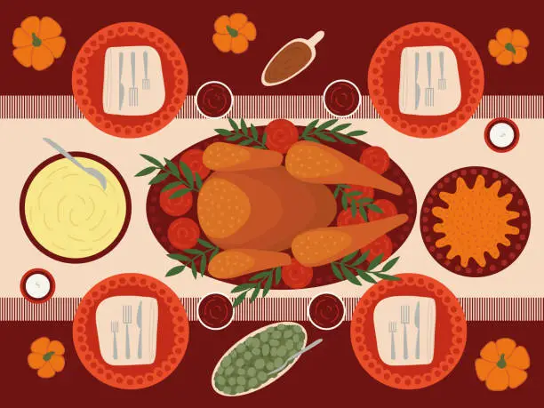 Vector illustration of Thanksgiving dinner table top view