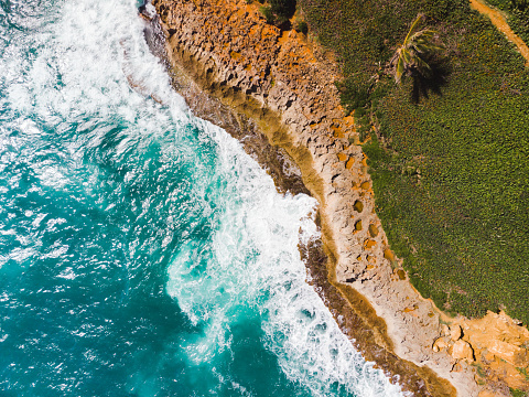 San juan el morro drone top down landscape of the coast beach from the Caribbean puerto rico tropical island