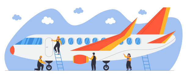 Mechanics repairing airplane at airport before flight Mechanics repairing airplane at airport before flight. Performance of plane inspection, people filling aircraft with fuel flat vector illustration. Maintenance or repair service, aviation concept airplane mechanic stock illustrations