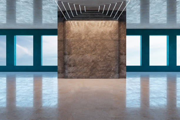 istock Front view on blank dark brown stone partition with space for poster or frame in empty area with blue sky view from windows and glossy marble floor. 3D rendering, mockup 1435117903