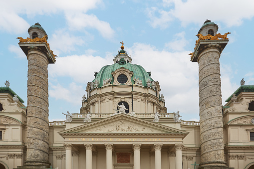 Main facade of the Church of St. Charles Borromeo, Vienna, Austria.