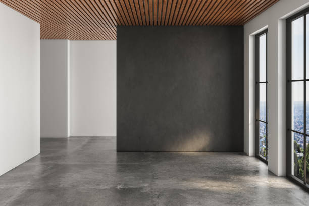 istock Realistic 3D rendering of empty room, beautiful sunlight and window frame shadow on black blank wall, white wall. concrete floor, wooden ceiling. Background, Interior. Front view.Mock up. 1435126822