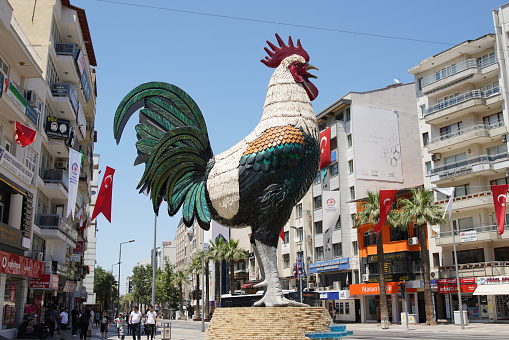 Denizli, Turkiye - July 17, 2022: Symbol of the Denizli city rooster statue