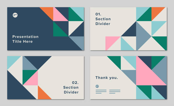 Presentation design layout set with geometric triangle graphics — Alex System, IpsumCo Series Abstract geometric designs, templates, and backgrounds inspired by mid-century modern style. 16:9 aspect ratio for widescreen digital presentations. Pixel perfect vector artwork created at 1920 x 1080 pixels scales to any size. triangle stock illustrations