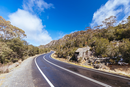 The Highland Lakes Road ascent to the Central Plateau Conservation Area in Liffey Forest Reserve in Tasmania, Australia