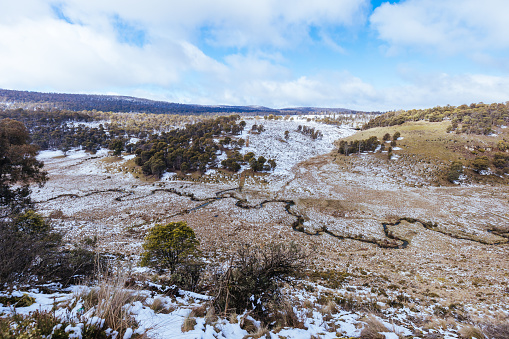 Sunlight on the hills of Powys in the snow near Llanyfillin, Wales.