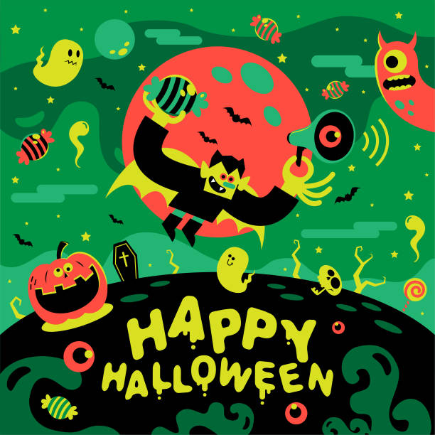 ilustrações de stock, clip art, desenhos animados e ícones de the vampire holding a megaphone in his hand flies in the sky and says it’s halloween time - full moon audio