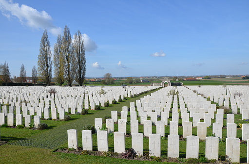 Tyne Cot Cemetery near Ypres, Belgium, with graves of soldiers who died in the first world war.