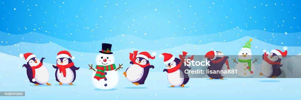 Ilustración de Banner Hecho Con Un Conjunto De Dibujos Animados Navideños Lindos Pingüinos Bailarines Y Muñecos De Nieve Pájaros Divertidos Con Sombreros De Papá Noel Y Bufandas Todos Los Elementos Están Aislados Ilustración de Banner Hecho Con Un Conjunto De Dibujos Animados Navideños Lindos Pingüinos Bailarines Y Muñecos De Nieve Pájaros Divertidos Con Sombreros De Papá Noel Y Bufandas Todos Los Elementos Están Aislados