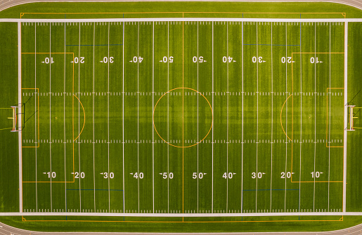 Aerial view of a dual purpose American/European football field at a public high school.