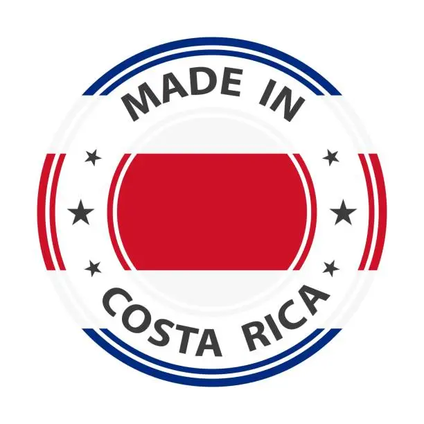 Vector illustration of Made in Costa Rica badge vector. Sticker with stars and national flag. Sign isolated on white background.