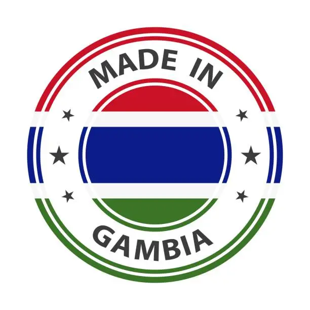 Vector illustration of Made in Gambia badge vector. Sticker with stars and national flag. Sign isolated on white background.