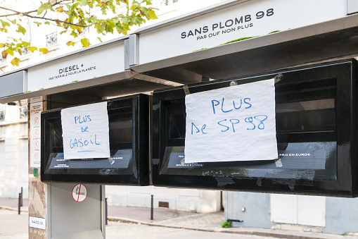 Fuel station out of stock, shortage of fuel : all fuels are unavailables. Paris in France. October 20, 2022.
