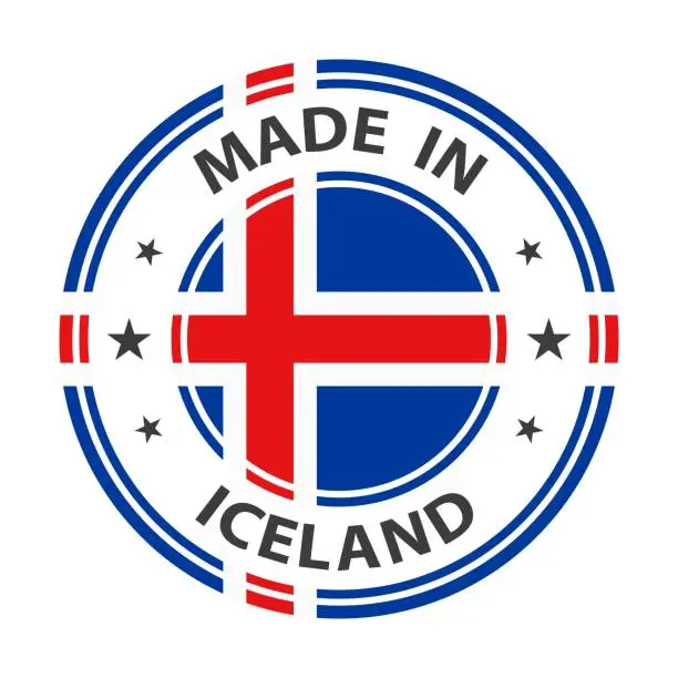 Vector illustration of Made in Iceland badge vector. Sticker with stars and national flag. Sign isolated on white background.