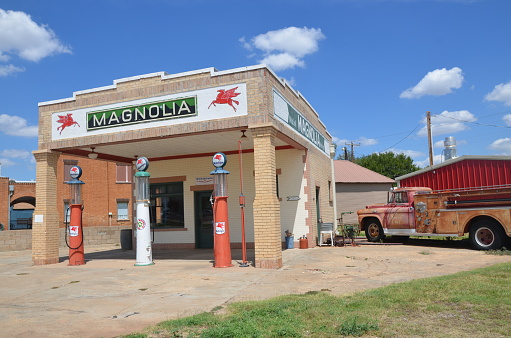 Shamrock, Texas, USA - August 8, 2022: historic Magnolia gas station on Route 66