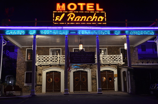 Gallup, New Mexico, USA - August 28, 2022: the historic El Rancho hotel at night, where many Hollywood film stars stayed, on route 66