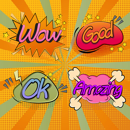 Colorful set of comic icon in retro pop art style. comic speech bubbles with halftone shadows.