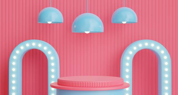 istock 3d render of pink podium with light bulb for product display. 1435151465