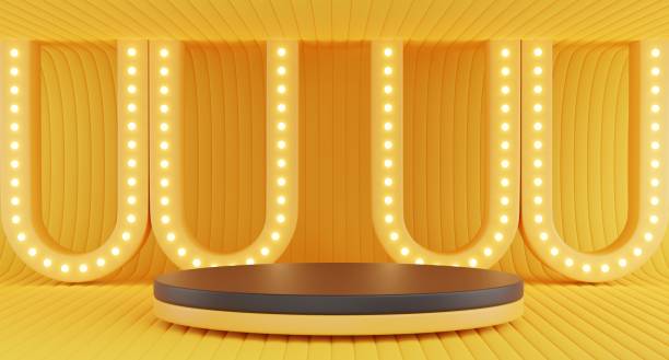 istock 3d render of podium with light bulb for product display. 1435151466