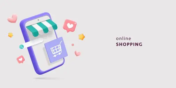 Vector illustration of Online shopping on mobile app store 3d vector render web banner illustration
