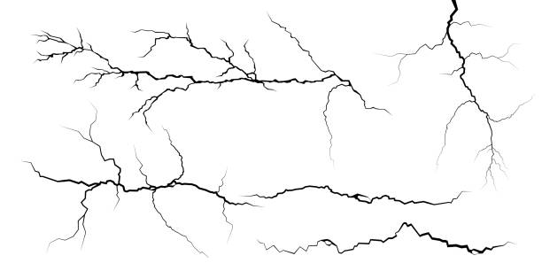 поверхностные трещины и трещины в грунте, бетоне, расщелинах от аварийного вида сверху. коллекция молний. обрывы на поверхности суши от зем� - lightning strike stock illustrations