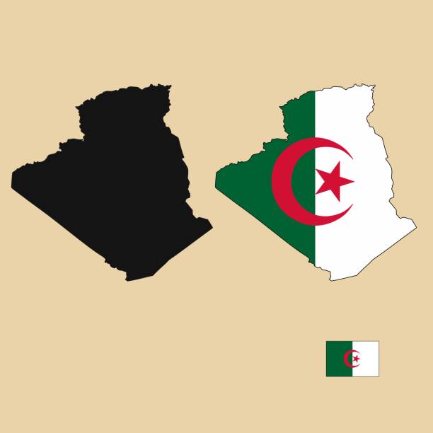 Vector of Algeria country outline map with flag set isolated on plain background. Silhouette of country map can be used for template, report, and infographic. algeria flag silhouettes stock illustrations