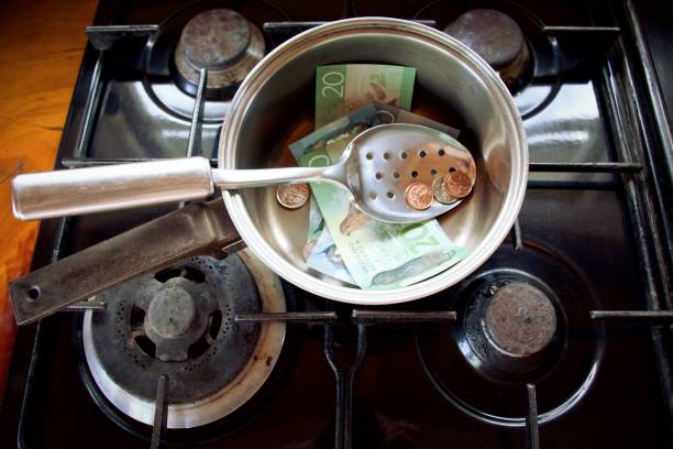 A saucepan on a gas hob stove with New Zealand Dollars for a cost of cooking a meal concept (NZD).