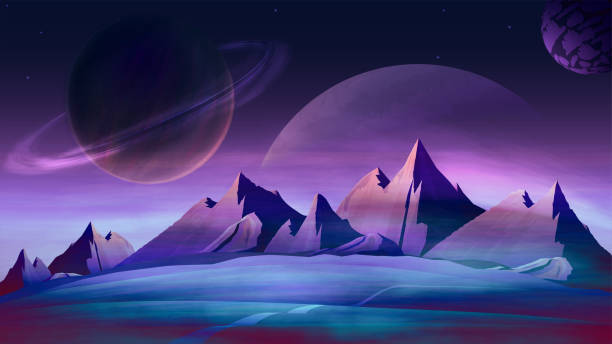 istock Space background, alien purple landscape with large planets and mountains on the horizon 1435157771