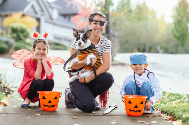 istock Young Family Trick Or Treating Together And Posing For Camera 1435158900
