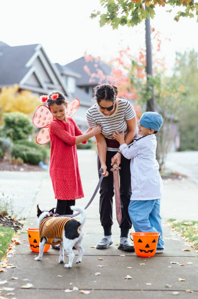 istock Young Family Trick Or Treating Together And Posing For Camera 1435158902