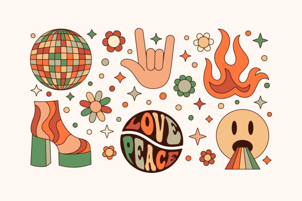 Groovy Elements Set in Retro Hippie Style 70s . Geometric Abstract Vector Stickers: Disco Ball, Rock Hand, Fire, Shoe Groovy Elements Set in Retro Hippie Style 70s . Geometric Abstract Vector Stickers: Disco Ball, Rock Hand, Fire, Shoe and Emoji for Print on T-Shirts, Posters, Creating Patterns hipster background stock illustrations