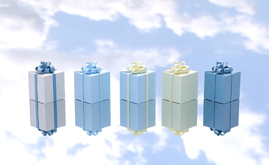Colorful gift box ribbon put on mirror glass reflection sky. 3D render. Minimal Christmas concept idea.