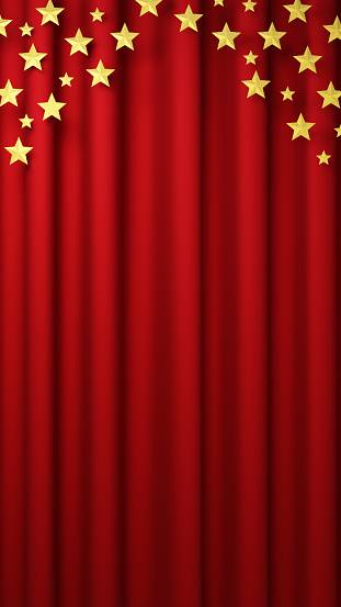 Red curtains with multiple gold stars. Background material. (Vertical)