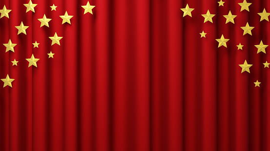 Red curtains with multiple gold stars. Background material. (horizontal)