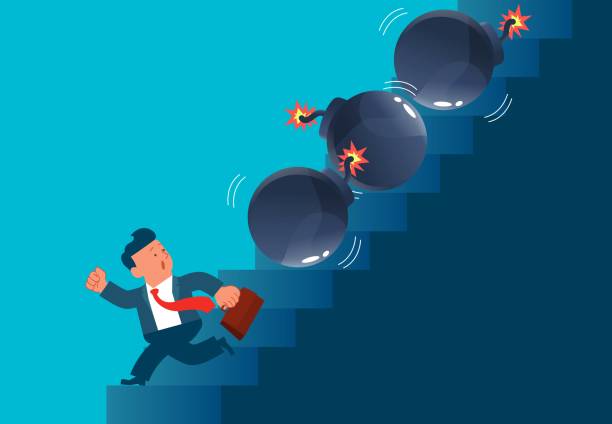 ilustrações de stock, clip art, desenhos animados e ícones de the bomb that rolled down from the top of the stairs frightened the businessman and ran down quickly, the businessman tried to escape and away from the risk and crisis - bomb exploding vector problems