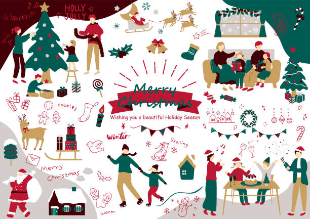 크리스마스 아이콘과 가족의 그림 설정 - christmas cake stock illustrations