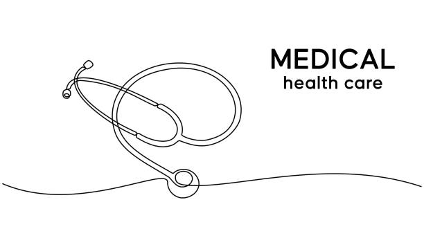 의료 건강 개념의 연속 선 그리기. 낙서 스타일의 의료 청진기 개념. - stethoscope stock illustrations