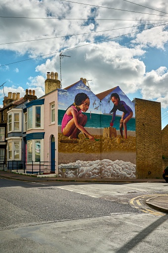 Ma, United Kingdom – October 05, 2022: A large scale mural by artist Dreph, Neequaye Dreph Dsane, as part of the Rise Up Residency in Margate, Thanet.