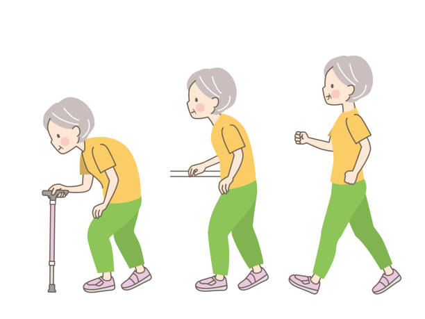 ilustrações de stock, clip art, desenhos animados e ícones de comparison of walking postures of senior women - good posture