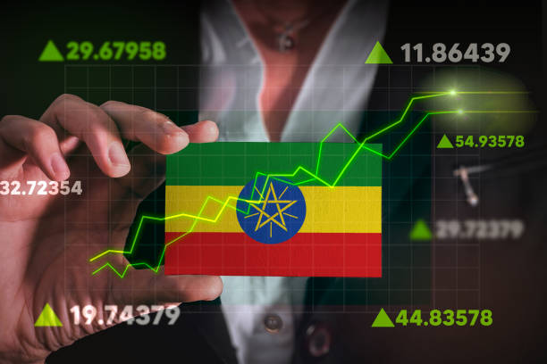 Graph growing up in Front Of Ethiopia Flag. stock photo