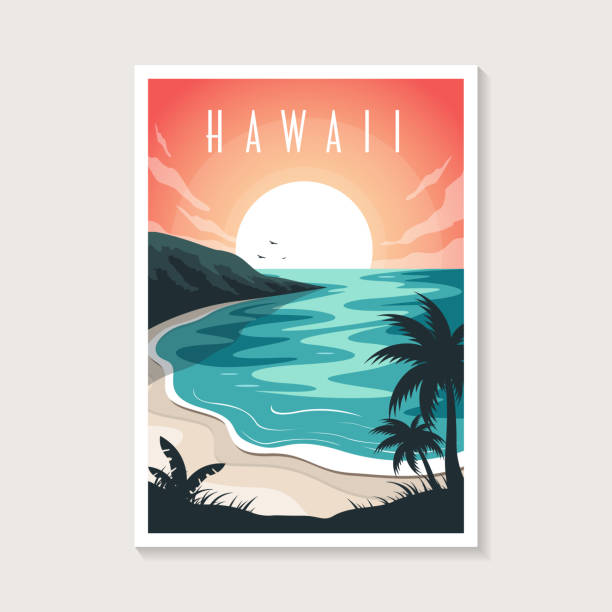 piękny plakat na hawajach plakat projektowy ilustracja, pejzaż morski, surf, plakat przygodowy - honolulu oahu vacations park stock illustrations