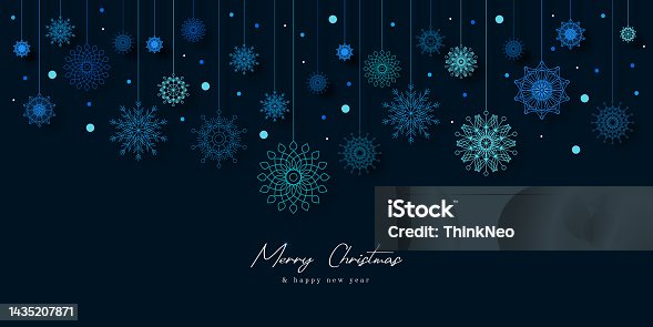 istock Vector greeting banner with hanging snowflake icons. 1435207871