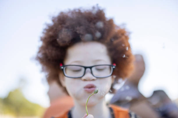Little girl blowing dandelion seeds in a park