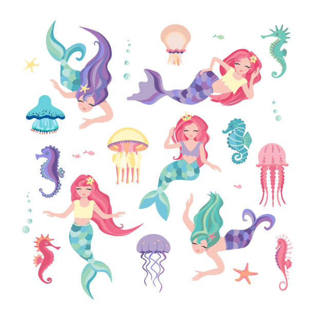 ilustraciones, imágenes clip art, dibujos animados e iconos de stock de conjunto de sirenas, medusas y caballitos de mar. lindas sirenas con diferentes formas de cola. plantilla para diseño de tarjetas de felicitación, cuaderno, póster infantil. ilustración vectorial de dibujos animados. - characters coral sea horse fish