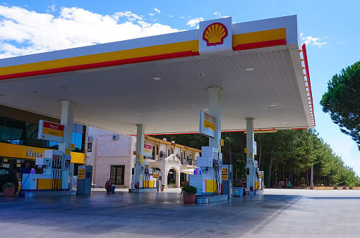 Marmaris, Turkey - September 22, 2022: Shell gas station. Shell is an Anglo-Dutch multinational oil and gas company headquartered in the Netherlands.