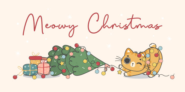 cute naughty orange ginger kitten cat destroy a Christmas decorated pine tree, merry catmas, cartoon animal character hand drawing doodle vector idea for greeting card cute naughty orange ginger kitten cat destroy a Christmas decorated pine tree, merry catmas, cartoon animal character hand drawing doodle vector idea for greeting card kawaii cat stock illustrations