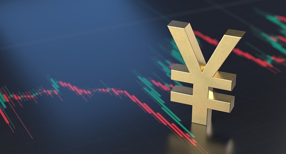 Yen sign standing over a financial graph, stock market exchange, inflation, economy, recession