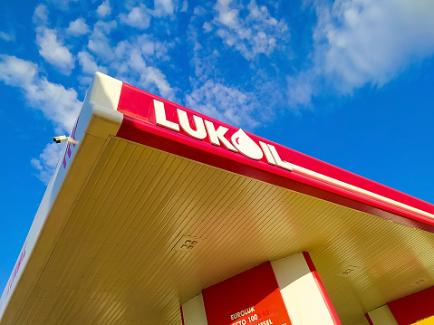 Adjud, Romania - September 12, 2022: Lukoil gas station. Lukoil is one of the largest russian oil companies