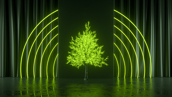 3d rendering of Christmas tree with neon lighting leaves new year background.