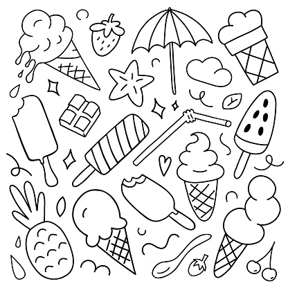 Ice cream summer hand drawn set, various kinds and flavors of ice-cream, cones, balls and fruit ice on white background, isolated simple objects, vector illustrations of ice cream doodle icons